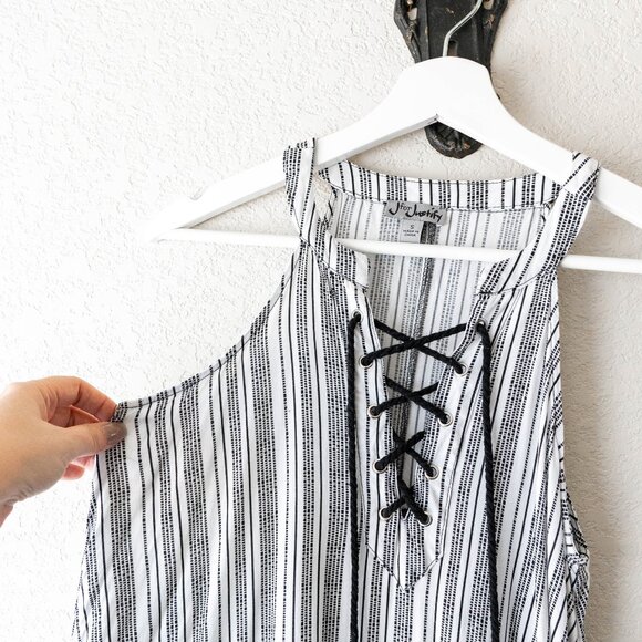 J for Justify Size Small Sleeveless Black & White Striped Boho Tassel Tie Dress - Picture 3 of 7